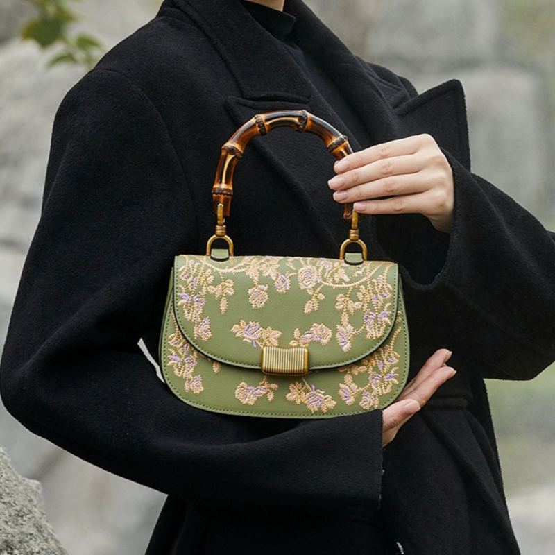 Handcrafted Embroidery Leather Green Handbag Camellia Bamboo Handle-Handbag-SinoCultural-SinoCultural
