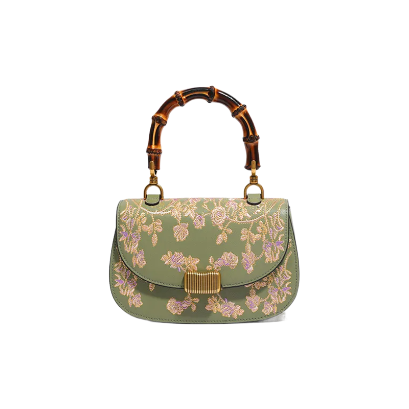 Handcrafted Embroidery Leather Green Handbag Camellia Bamboo Handle - SinoCultural