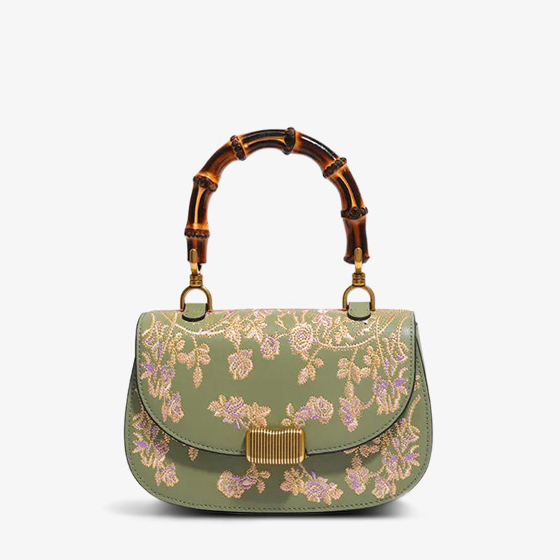 Handcrafted Embroidery Leather Green Handbag Camellia Bamboo Handle-Handbag-SinoCultural-Green-Single Bag-CXXB043G-SinoCultural