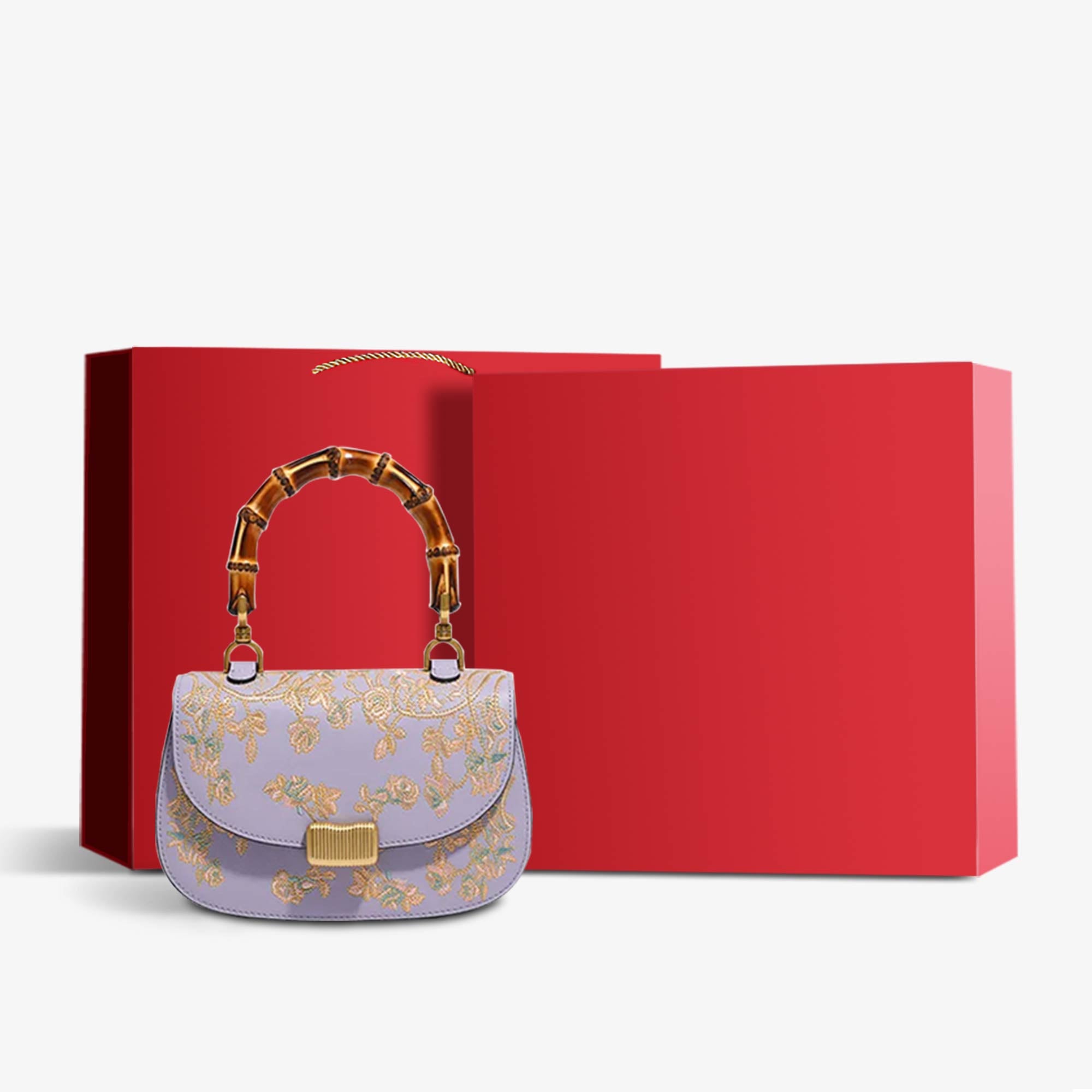 Handcrafted Embroidery Leather Purple Handbag Camellia Bamboo Handle-Handbag-SinoCultural-Purple-Bag with Gift Box-CXXB043P-g-SinoCultural