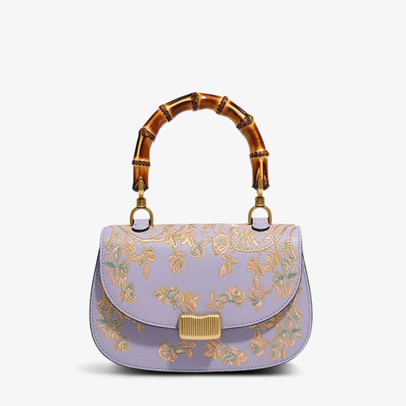 Handcrafted Embroidery Leather Purple Handbag Camellia Bamboo Handle-Handbag-SinoCultural-Purple-Single Bag-CXXB043P-SinoCultural