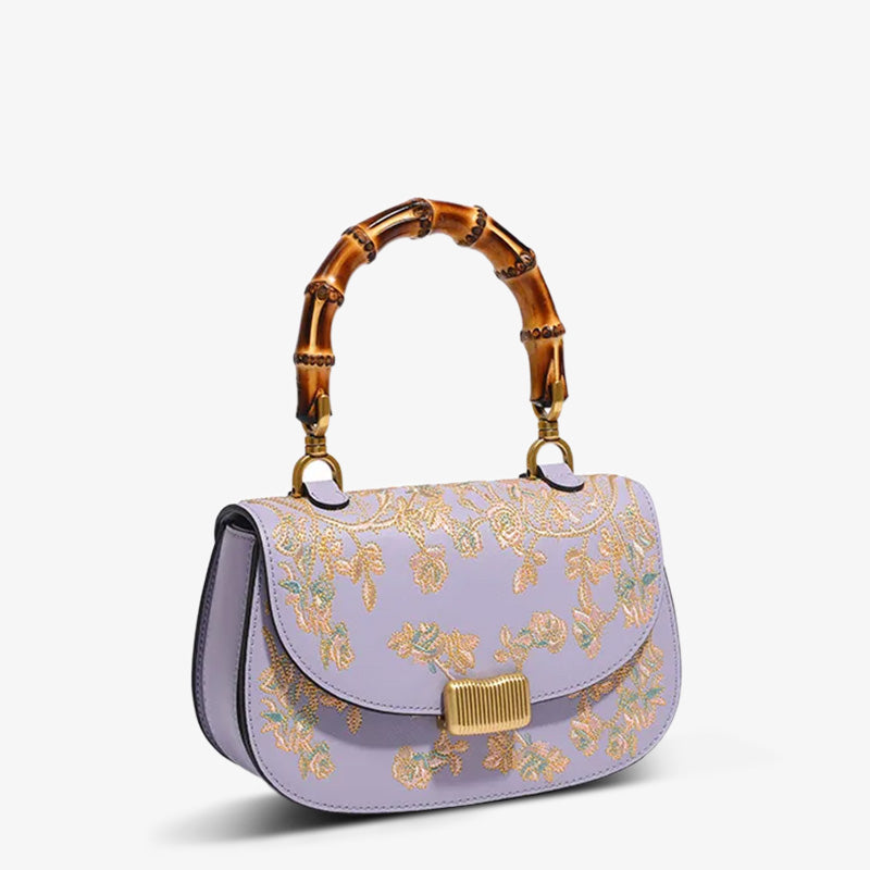 Handcrafted Embroidery Leather Purple Handbag Camellia Bamboo Handle-Handbag-SinoCultural-SinoCultural