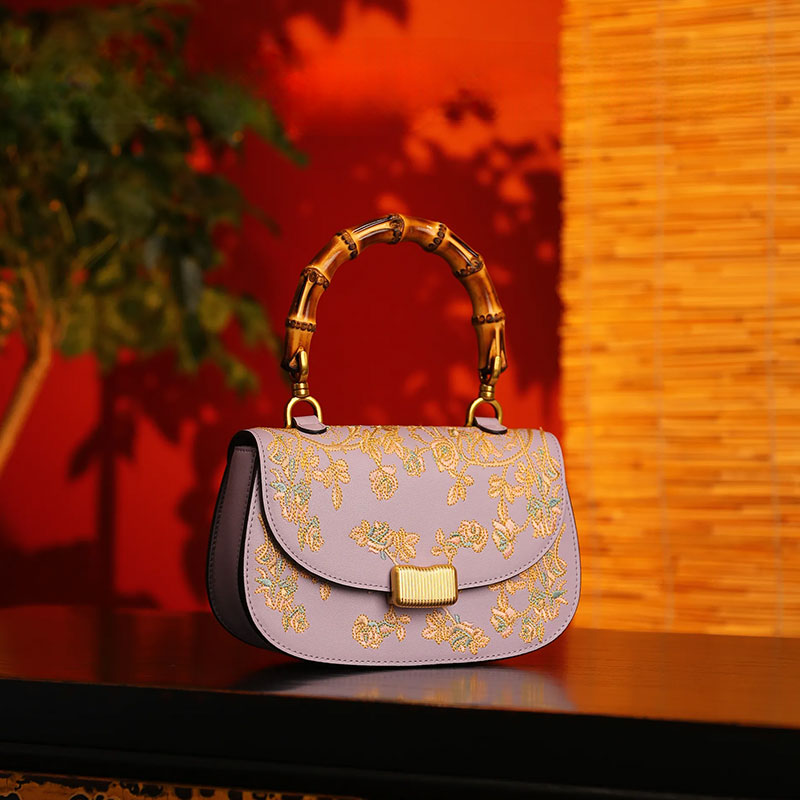 Handcrafted Embroidery Leather Purple Handbag Camellia Bamboo Handle-Handbag-SinoCultural-SinoCultural