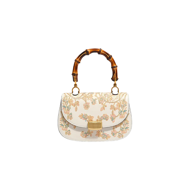 Embroidery White Leather Handbag Camellia Bamboo Handle Bag