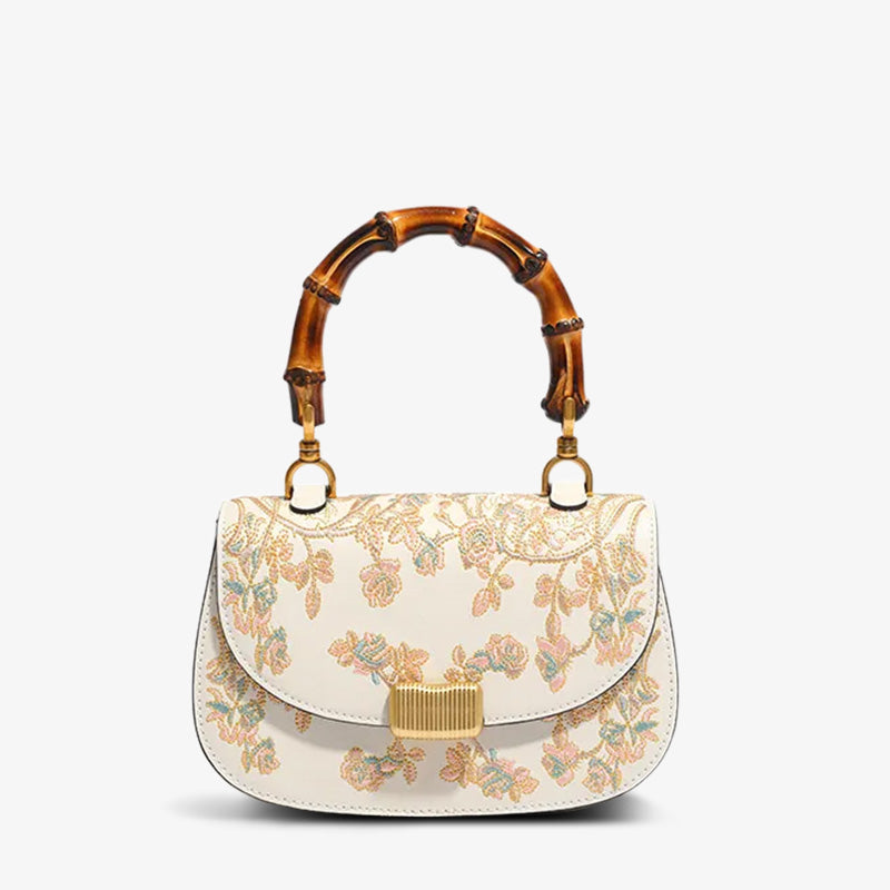Handcrafted Embroidery White Leather Handbag Camellia Bamboo Handle-Handbag-SinoCultural-White-Single Bag-CXXB043W-SinoCultural