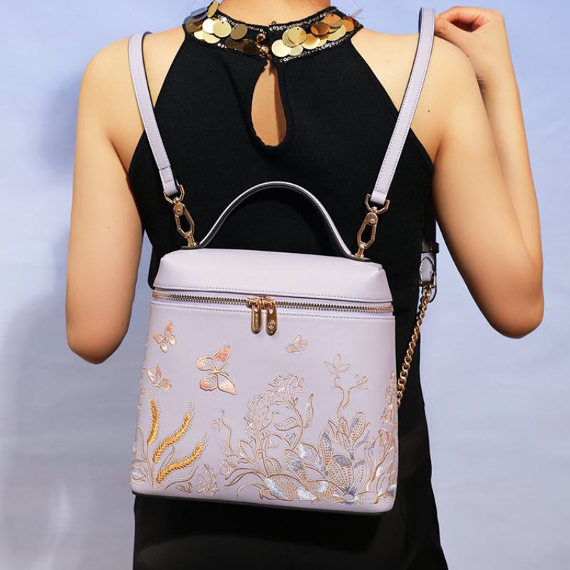 Embroidery Leather Butterfly Design Women Backpack