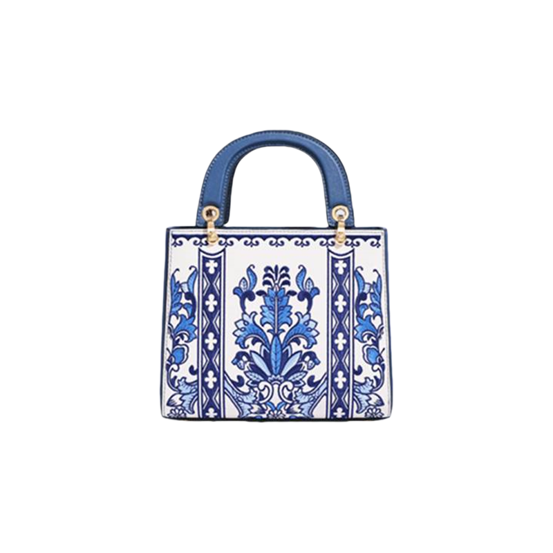 Embroidery Leather Phoenix Crown Handbag Blue and White Porcelain