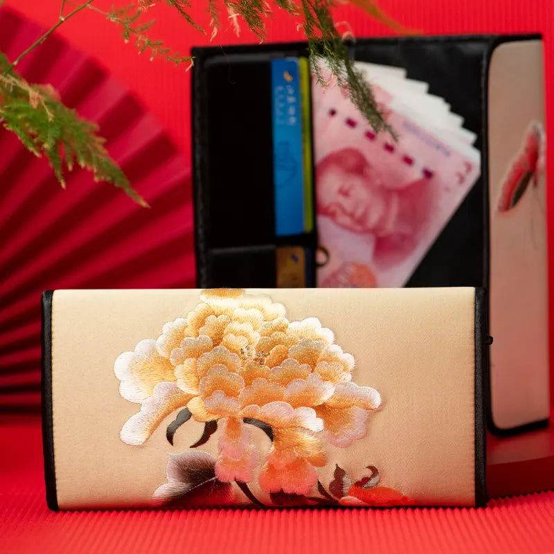 Chinese Handcraft Embroidery Floral Slim Handheld Wallet - SinoCultural