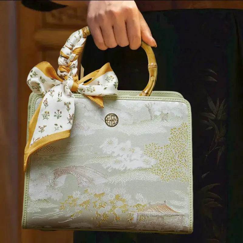 Chinese Painting Mulberry Silk Bamboo Handle Square Handbag Sinocultural Green Single Bag