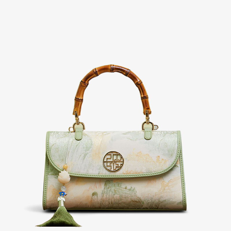 Chinese Style Mulberry Silk Bamboo Handle Handbag - SinoCultural