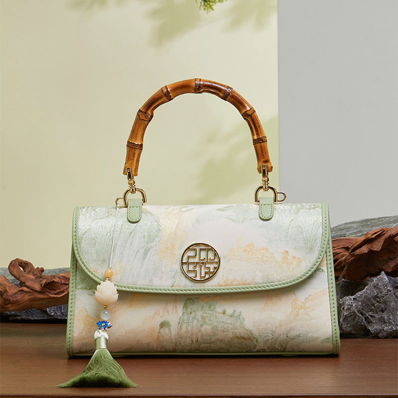 Chinese Style Mulberry Silk Bamboo Handle Handbag - SinoCultural