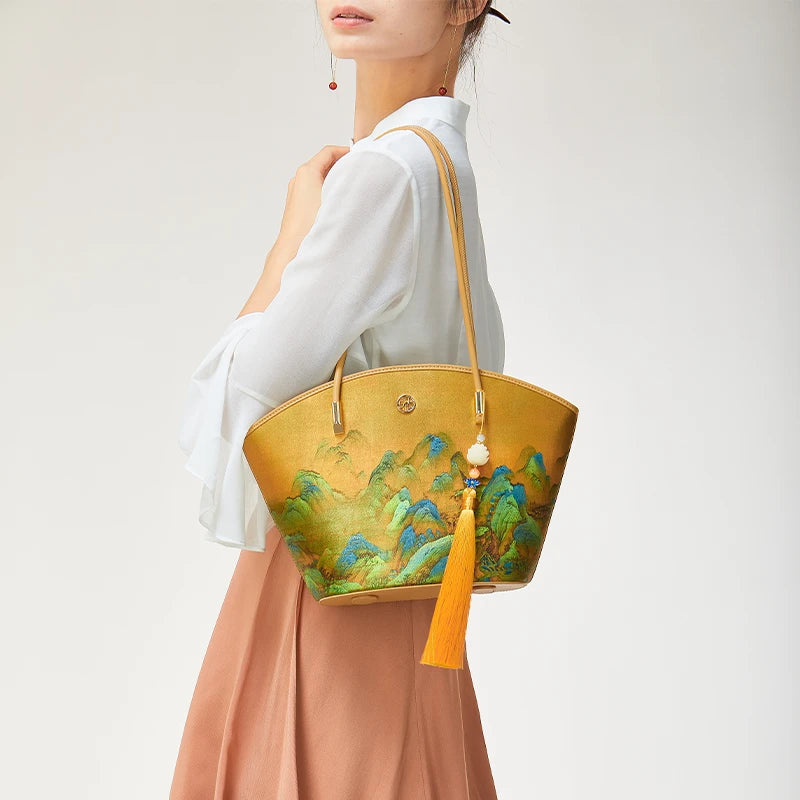 A Thousand Li of Rivers and Mountains Mulberry Silk Handcrafted Tote Bag | SinoCultural Chinese Painting Print