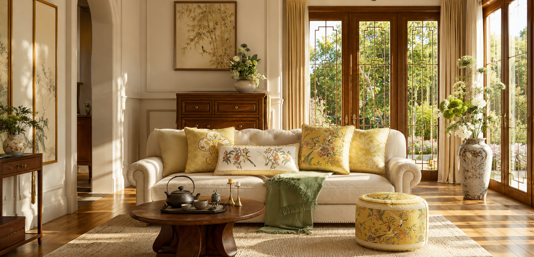 A beautifully luxury chinoiserie styled living room featuring a cream-colored sofa with yellow floral patterned pillows, a matching yellow patterned ottoman, a round wooden coffee table, and large windows looking out onto a garden.-sinocultural
