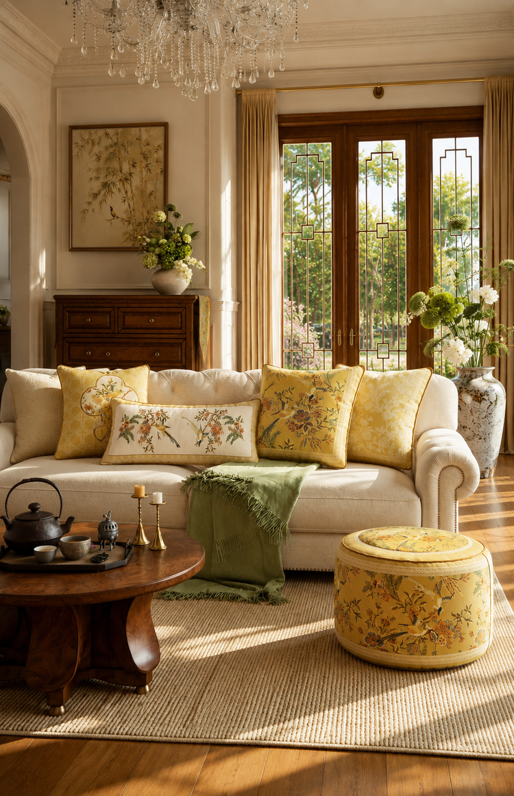 A beautifully chinoiserie styled living room featuring a cream-colored sofa adorned with yellow floral throw pillows, a green throw blanket, and a matching yellow floral round ottoman in the foreground. The room has warm wood floors, a large woven area rug, a dark wood coffee table, and a large window with wooden frames.-sinocultural