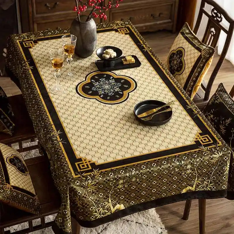 Chinoiserie Classical Bamboo Rectangular Black and White Tablecloth - SinoCultural