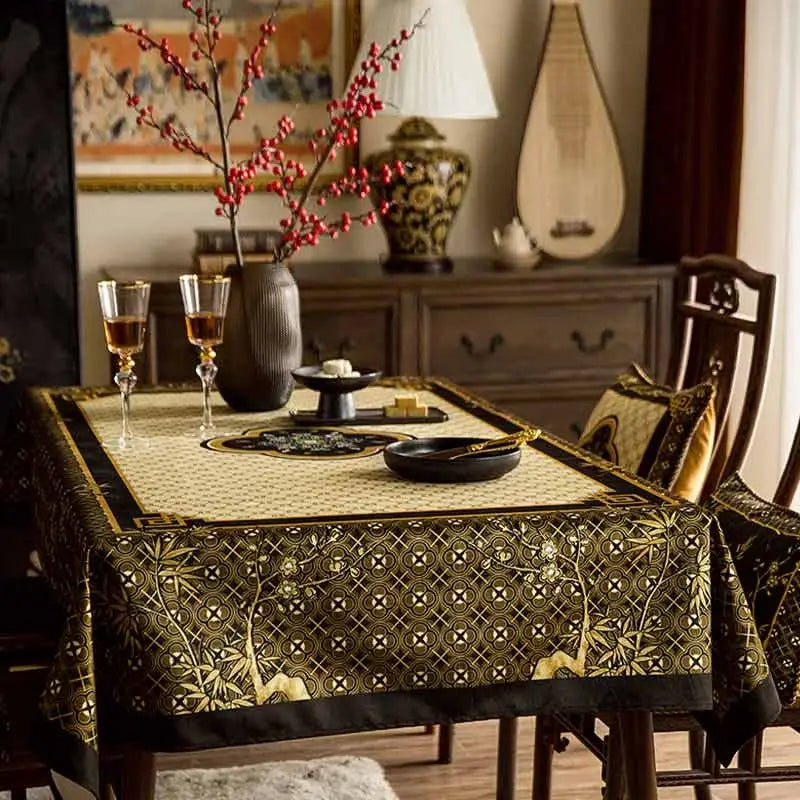 Chinoiserie Classical Bamboo Rectangular Black and White Tablecloth - SinoCultural