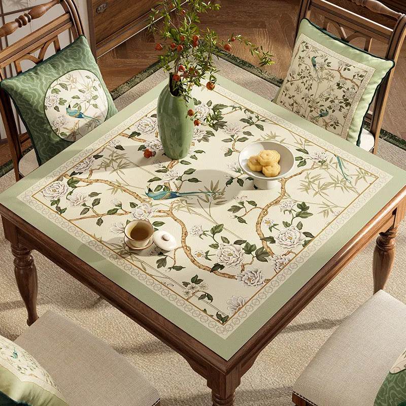 Chinoiserie Green Leather Square Table Mat Waterproof Easy Clean - SinoCultural -- TM057A60 - 