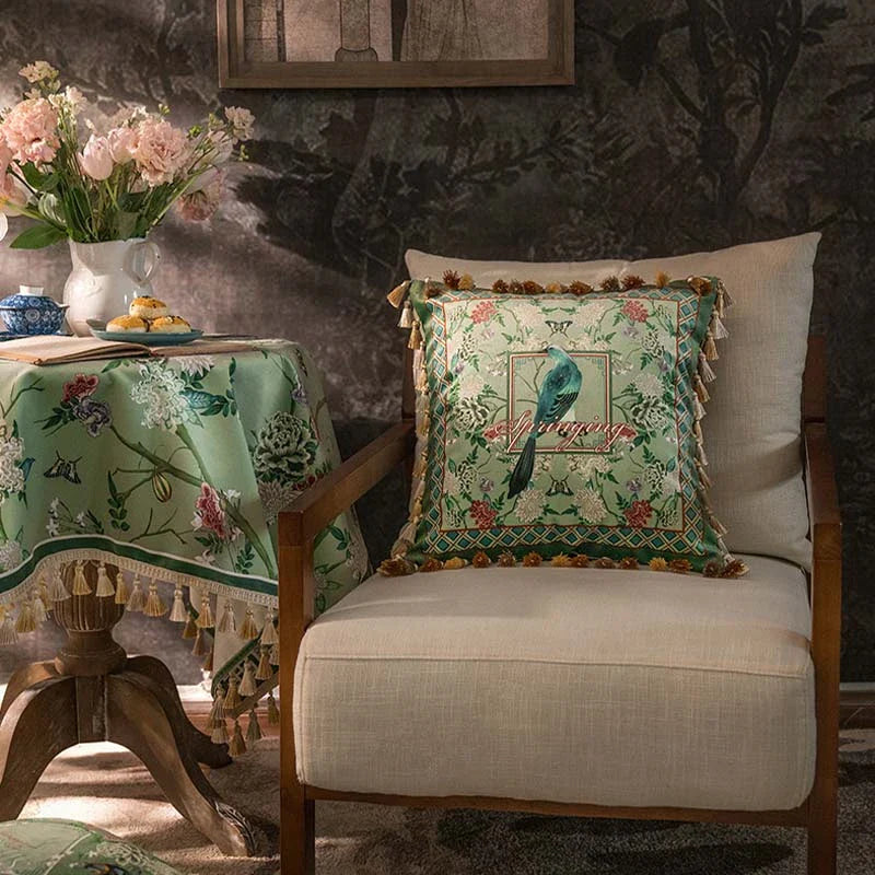 Chinoiserie Green Retro Floral Tassel Round Tablecloth