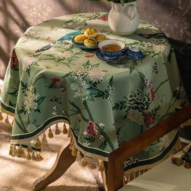 Chinoiserie Green Retro Floral Tassel Round Tablecloth