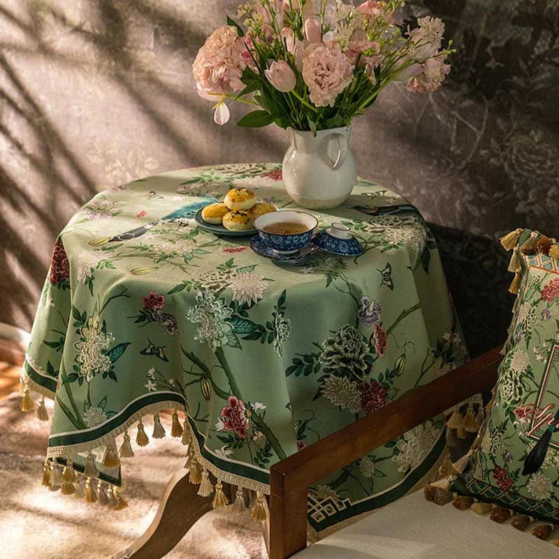 Chinoiserie Green Retro Floral Tassel Round Tablecloth