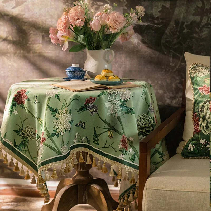 Chinoiserie Green Retro Floral Tassel Round Tablecloth