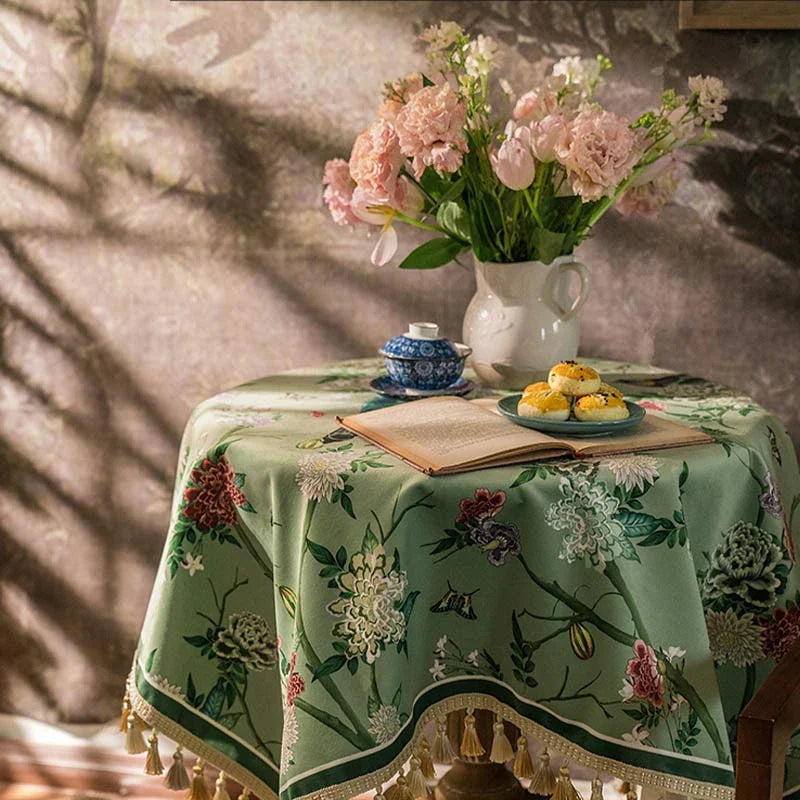 Chinoiserie Green Retro Floral Tassel Round Tablecloth