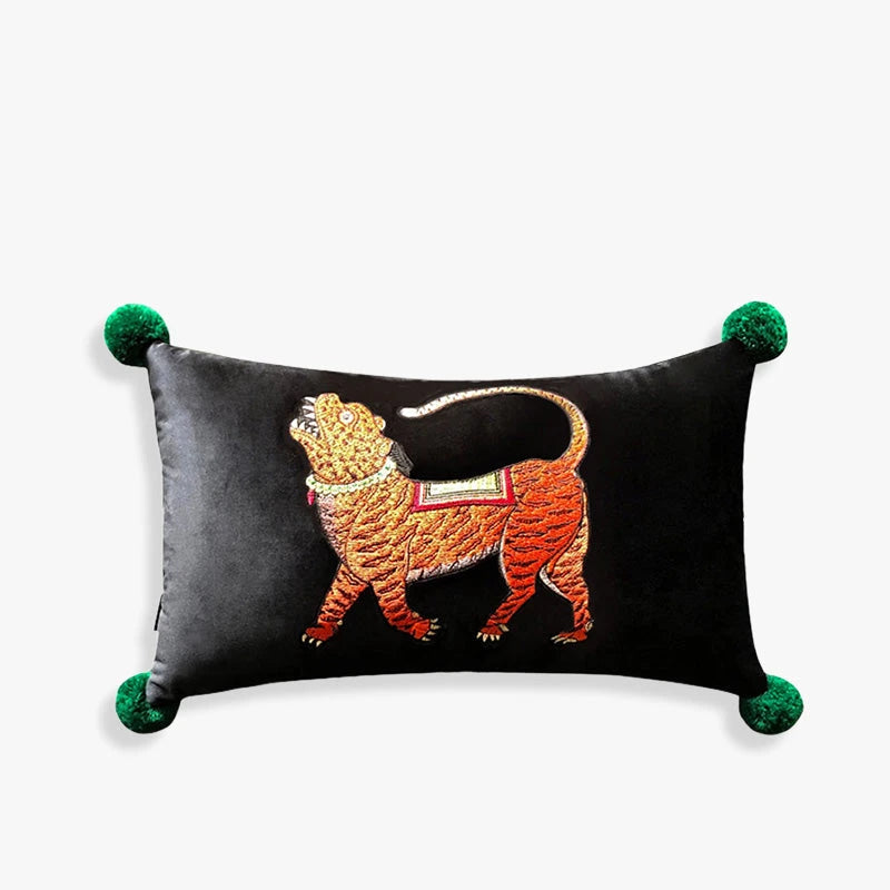 Chinoiserie Handmade Embroidery Velvet Lumbar Pillow Black Tiger SJZBZ002A02