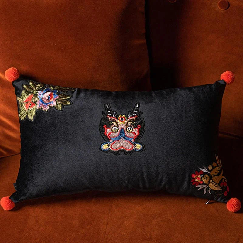 Chinoiserie Handmade Embroidery Velvet Lumbar Pillow Original Dragon