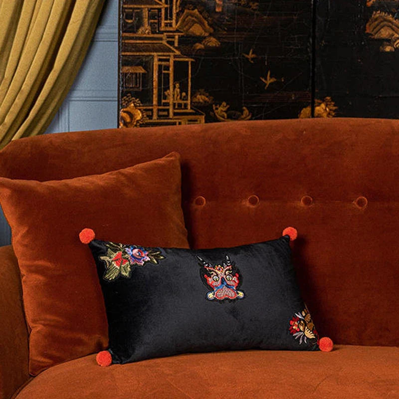 Chinoiserie Handmade Embroidery Velvet Lumbar Pillow Original Dragon