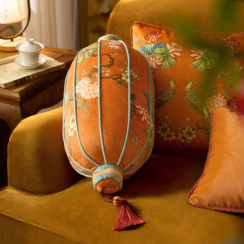 Chinoiserie Lantern-Shaped Throw Pillow Orange Hydrangea Dream