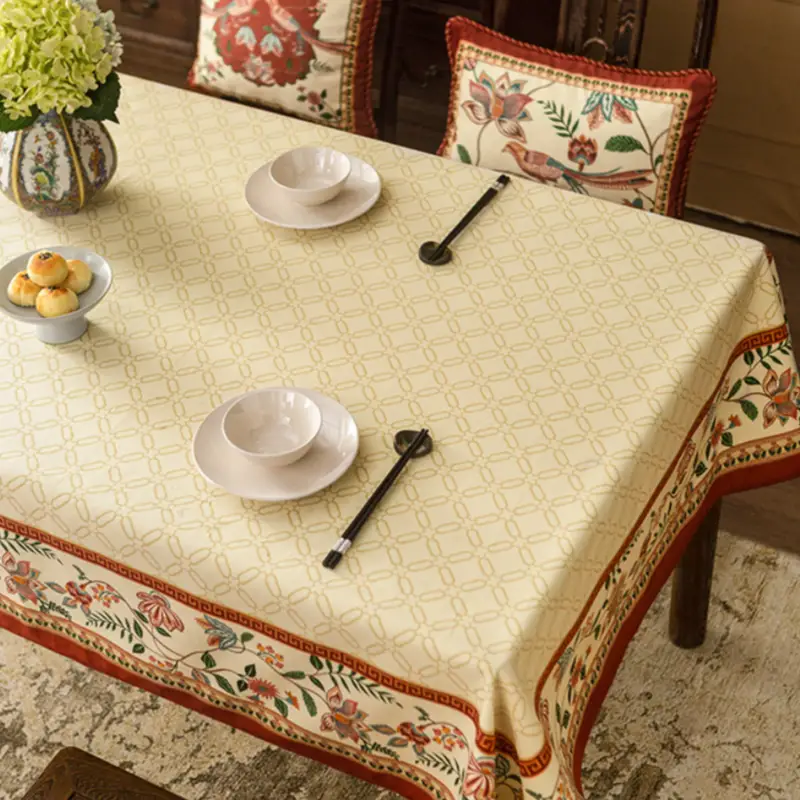 Chinoiserie Luxury Plush Rectangular Beige Tablecloth - SinoCultural