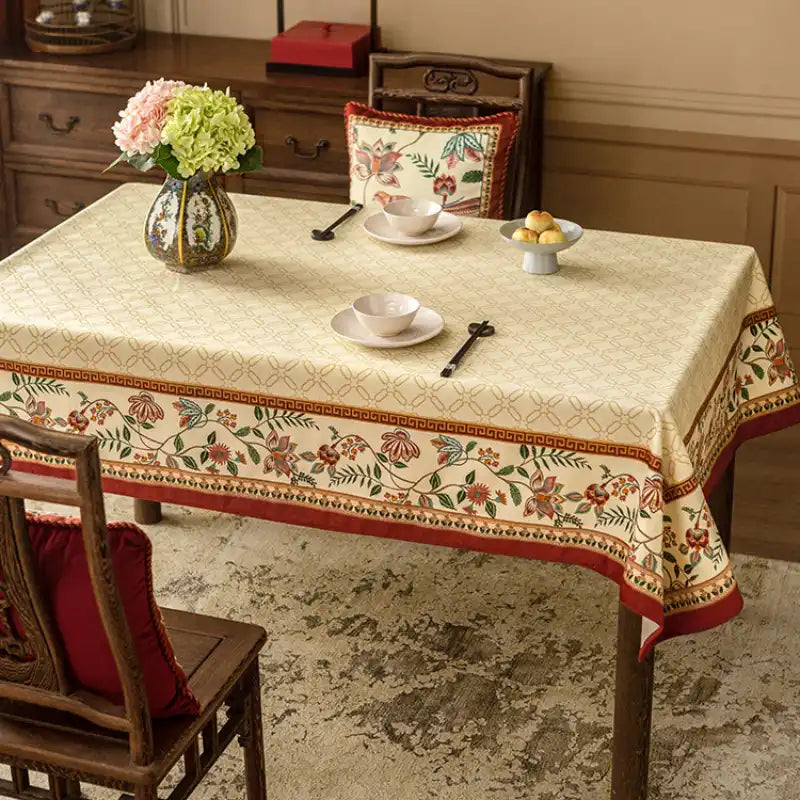 Chinoiserie Luxury Plush Rectangular Beige Tablecloth - SinoCultural