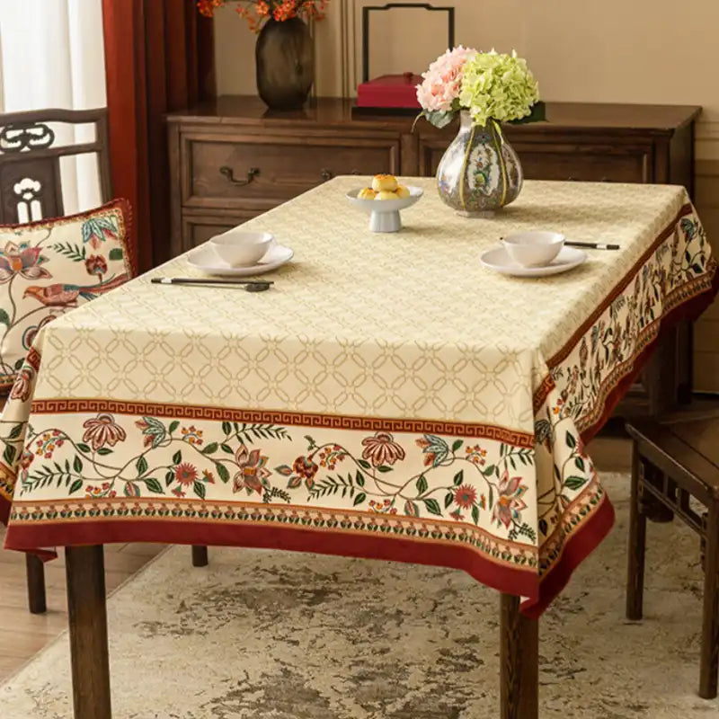 Chinoiserie Luxury Plush Rectangular Beige Tablecloth - SinoCultural