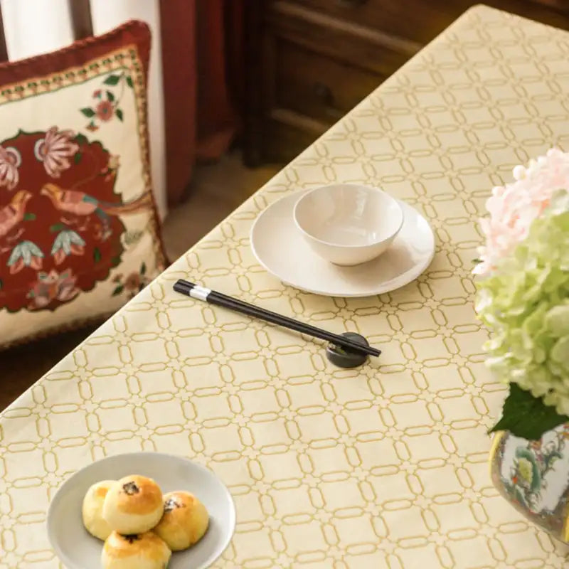 Chinoiserie Luxury Plush Rectangular Beige Tablecloth - SinoCultural