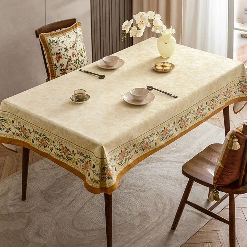 Chinoiserie Luxury Plush Rectangular Beige Floral Tablecloth - SinoCultural