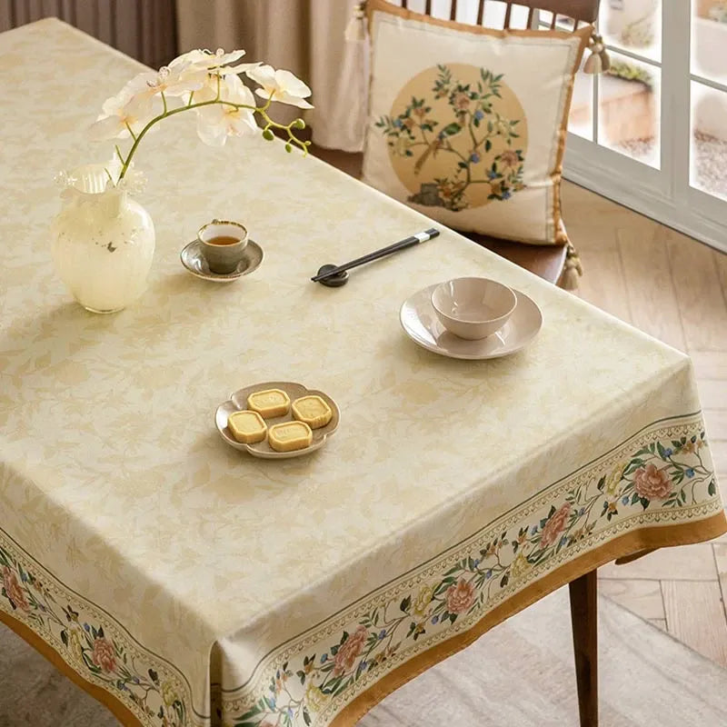 Chinoiserie Luxury Plush Rectangular Beige Floral Tablecloth - SinoCultural