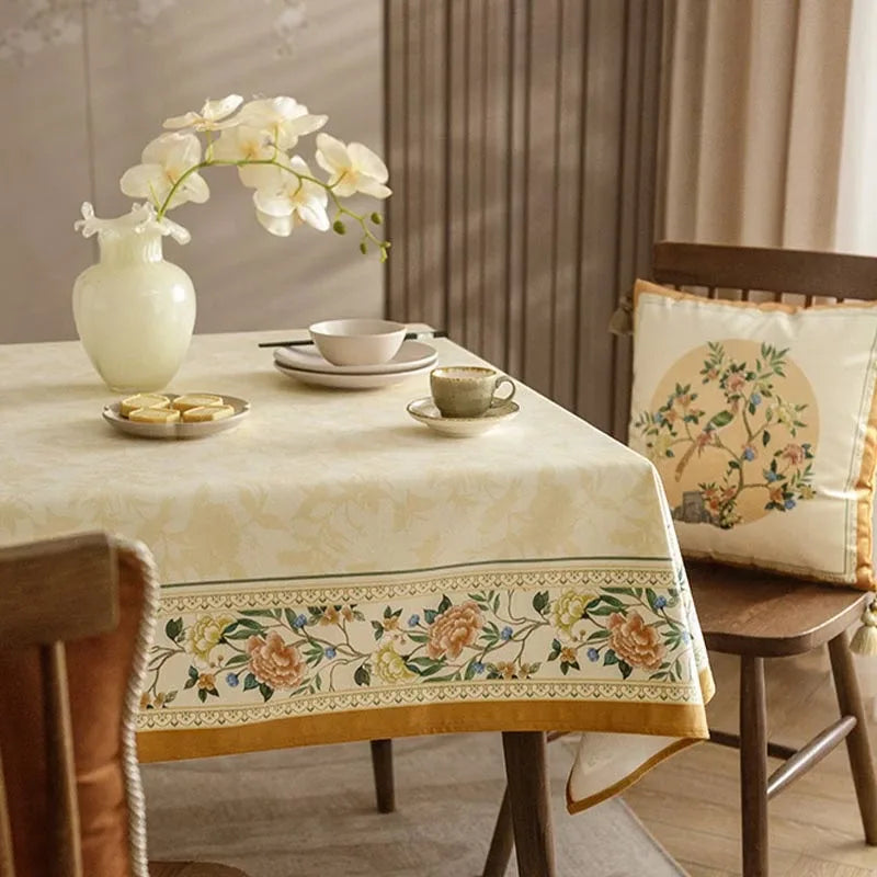 Chinoiserie Luxury Plush Rectangular Beige Floral Tablecloth - SinoCultural