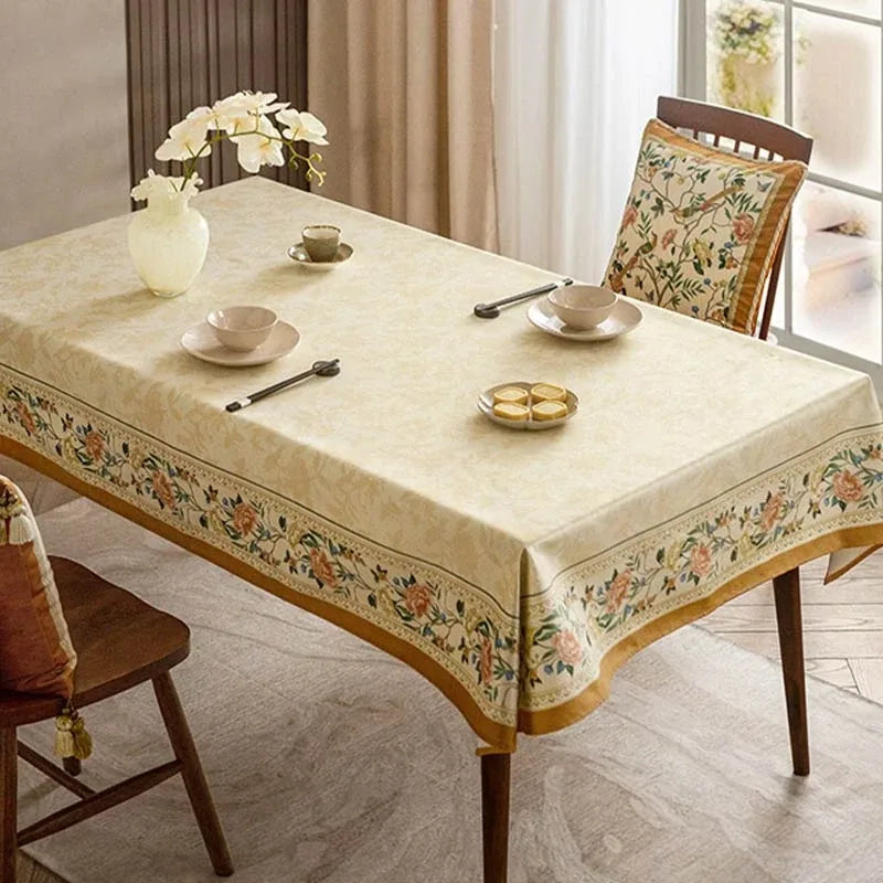 Chinoiserie Luxury Plush Rectangular Beige Floral Tablecloth - SinoCultural