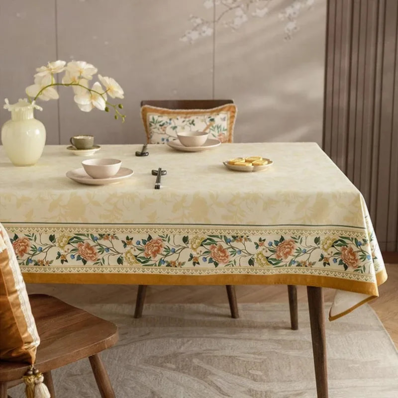 Chinoiserie Luxury Plush Rectangular Beige Floral Tablecloth - SinoCultural