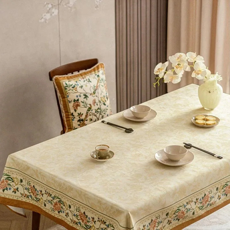 Chinoiserie Luxury Plush Rectangular Beige Floral Tablecloth - SinoCultural