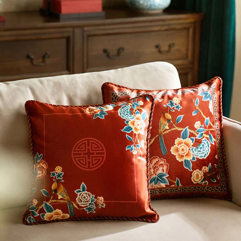 Chinoiserie Oriental Elegance Red Pillow Cushion Floral Reverie