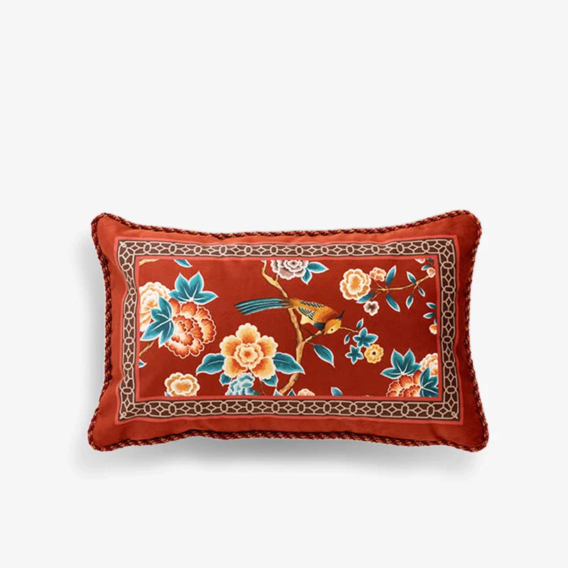 Chinoiserie Oriental Elegance Red Pillow Cushion Floral Reverie