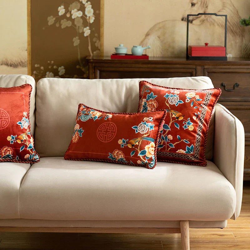 Chinoiserie Oriental Elegance Red Pillow Cushion Floral Reverie