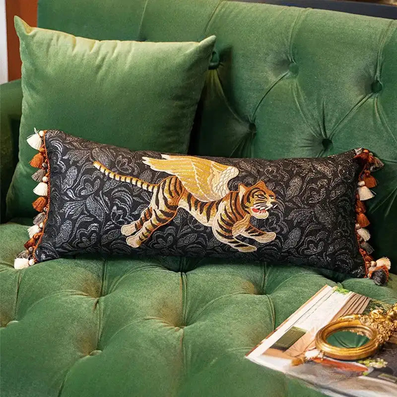 Chinoiserie Original Handmade Embroidered Lumbar Pillow Flying Tiger