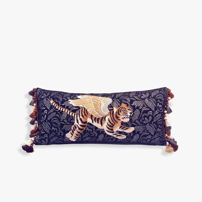 Chinoiserie Original Handmade Embroidered Lumbar Pillow Flying Tiger