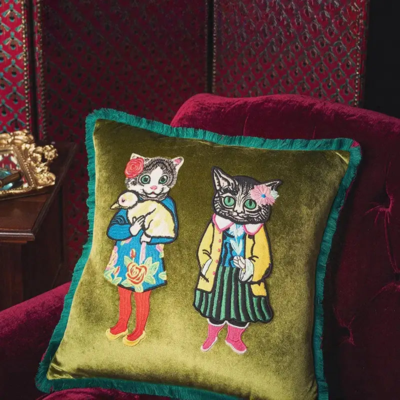 Chinoiserie Original Handmade Embroidery Velvet Throw Pillow Miss Kitty