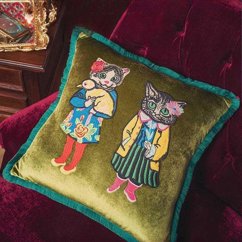 Chinoiserie Original Handmade Embroidery Velvet Throw Pillow Miss Kitty