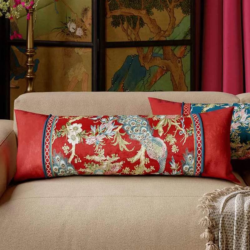 Chinoiserie Original Luxurious Peacock Long Lumbar Pillow - SinoCultural