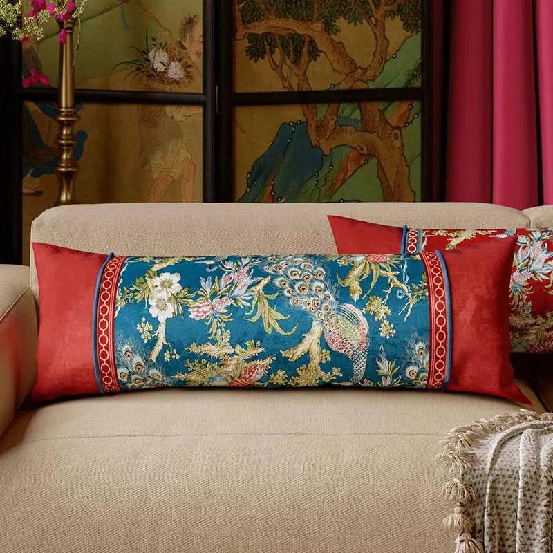 Chinoiserie Original Luxurious Peacock Long Lumbar Pillow - SinoCultural