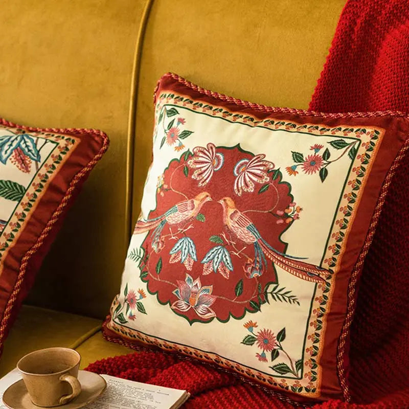 Chinoiserie Original Red Floral and Avian Throw Pillow Elysian Blooms